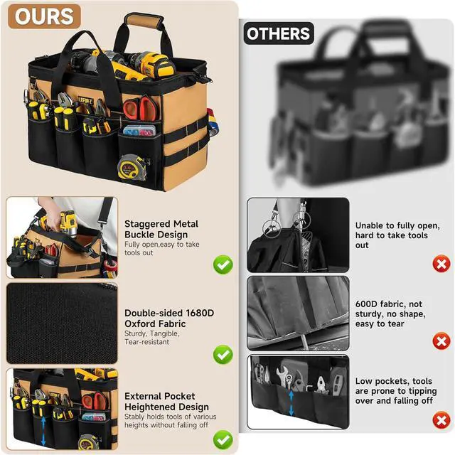 Alt view image 3 of 7 - Tool Bag,16-Inch Heavy Duty Tool Bags for Men,27 Pockets Tool Box Organizer Storage,Wide Mouth Toolbag Tools Tote Carrying Case for Dad,Mechanic,Electrician,Black+Brown,Bag Only