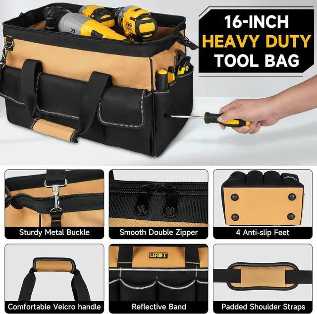 Alt view image 5 of 7 - Tool Bag,16-Inch Heavy Duty Tool Bags for Men,27 Pockets Tool Box Organizer Storage,Wide Mouth Toolbag Tools Tote Carrying Case for Dad,Mechanic,Electrician,Black+Brown,Bag Only