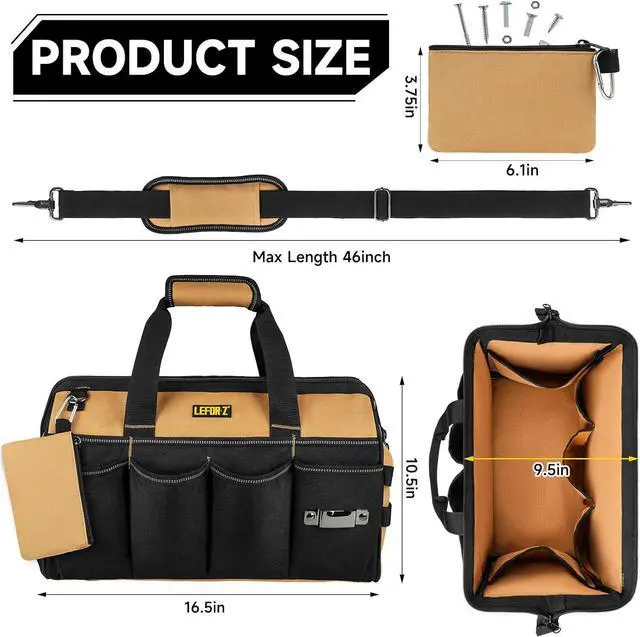 Alt view image 2 of 7 - Tool Bag,16-Inch Heavy Duty Tool Bags for Men,27 Pockets Tool Box Organizer Storage,Wide Mouth Toolbag Tools Tote Carrying Case for Dad,Mechanic,Electrician,Black+Brown,Bag Only