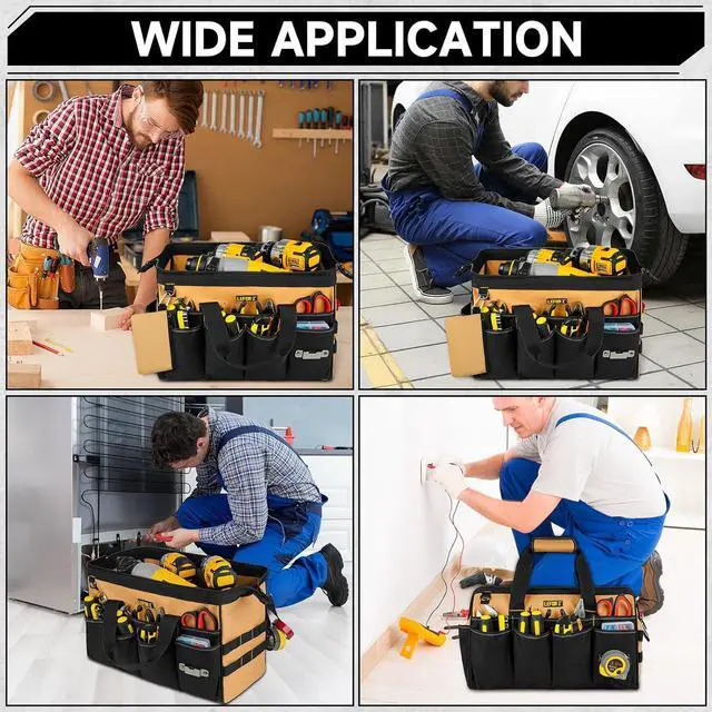 Alt view image 6 of 7 - Tool Bag,16-Inch Heavy Duty Tool Bags for Men,27 Pockets Tool Box Organizer Storage,Wide Mouth Toolbag Tools Tote Carrying Case for Dad,Mechanic,Electrician,Black+Brown,Bag Only