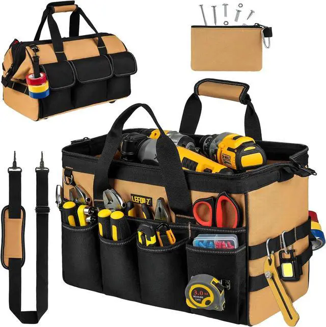 Main image of Tool Bag,16-Inch Heavy Duty Tool Bags for Men,27 Pockets Tool Box Organizer Storage,Wide Mouth Toolbag Tools Tote Carrying Case for Dad,Mechanic,Electrician,Black+Brown,Bag Only