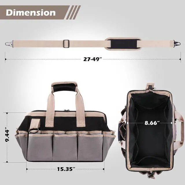 Alt view image 2 of 7 - 15-Inch Heavy Duty Tool Bag - 32-Pocket Wide Mouth Tool Tote Organizer Storage, Portable Electrician Open Top Tool Bags with Large Zipper, Adjustable Shoulder Strap, Gift for Mechanic HVAC