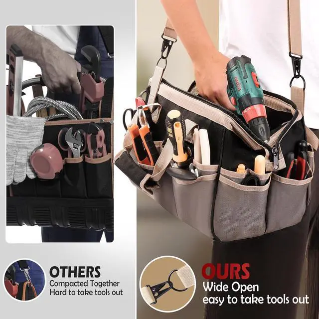 Alt view image 6 of 7 - 15-Inch Heavy Duty Tool Bag - 32-Pocket Wide Mouth Tool Tote Organizer Storage, Portable Electrician Open Top Tool Bags with Large Zipper, Adjustable Shoulder Strap, Gift for Mechanic HVAC