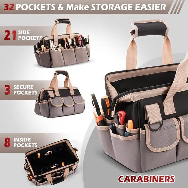 Alt view image 3 of 7 - 15-Inch Heavy Duty Tool Bag - 32-Pocket Wide Mouth Tool Tote Organizer Storage, Portable Electrician Open Top Tool Bags with Large Zipper, Adjustable Shoulder Strap, Gift for Mechanic HVAC