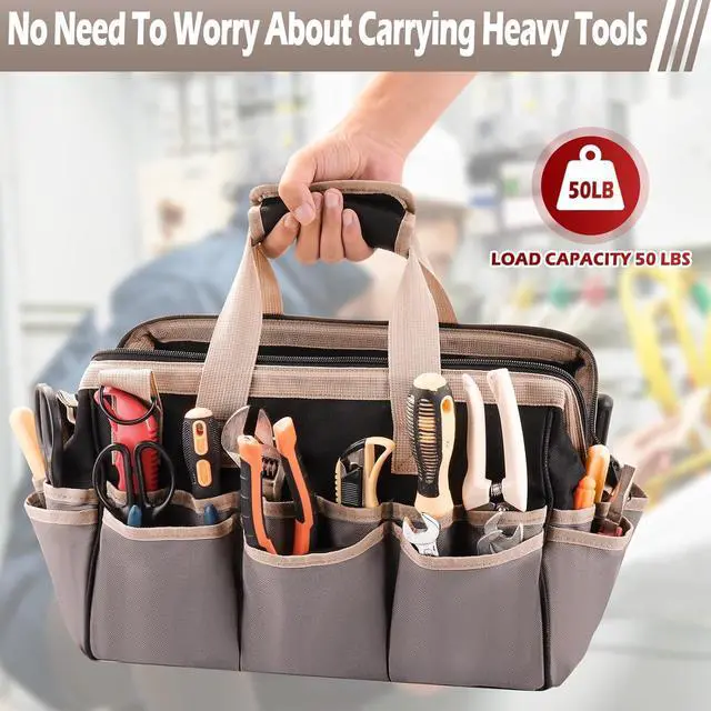 Alt view image 4 of 7 - 15-Inch Heavy Duty Tool Bag - 32-Pocket Wide Mouth Tool Tote Organizer Storage, Portable Electrician Open Top Tool Bags with Large Zipper, Adjustable Shoulder Strap, Gift for Mechanic HVAC
