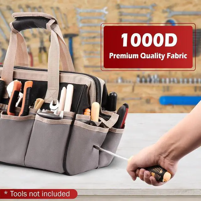 Alt view image 5 of 7 - 15-Inch Heavy Duty Tool Bag - 32-Pocket Wide Mouth Tool Tote Organizer Storage, Portable Electrician Open Top Tool Bags with Large Zipper, Adjustable Shoulder Strap, Gift for Mechanic HVAC