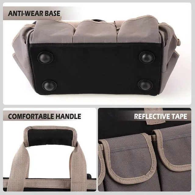 Alt view image 7 of 7 - 15-Inch Heavy Duty Tool Bag - 32-Pocket Wide Mouth Tool Tote Organizer Storage, Portable Electrician Open Top Tool Bags with Large Zipper, Adjustable Shoulder Strap, Gift for Mechanic HVAC