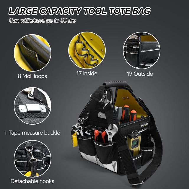Alt view image 2 of 6 - 44 Pockets Tool Tote Bag, Tool Bags with Adjustable Straps and Waterproof Base, 10'' Electrician Tool Bags Organizer for Men and Women
