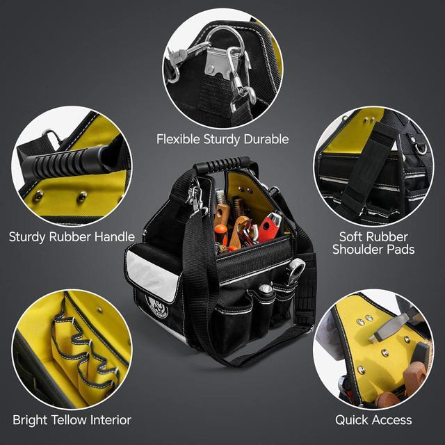 Alt view image 5 of 6 - 44 Pockets Tool Tote Bag, Tool Bags with Adjustable Straps and Waterproof Base, 10'' Electrician Tool Bags Organizer for Men and Women