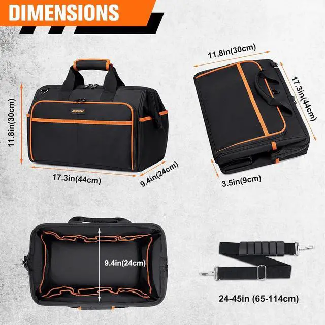 Alt view image 6 of 7 - Heavy Duty Tool Bag 17.3-Inch, 26-Pocket Large Tool Bags for Men Women with Adjustable Shoulder Strap,Waterproof, Foldable Tool Bag Organizer for HVAC Electricians Mechanics Craftsman Contractor