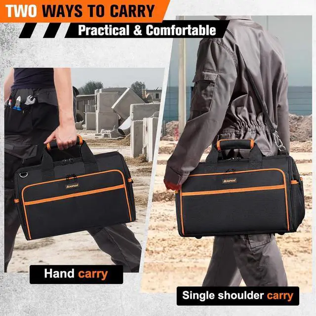 Alt view image 7 of 7 - Heavy Duty Tool Bag 17.3-Inch, 26-Pocket Large Tool Bags for Men Women with Adjustable Shoulder Strap,Waterproof, Foldable Tool Bag Organizer for HVAC Electricians Mechanics Craftsman Contractor