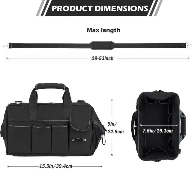Alt view image 2 of 7 - 15 Inch Heavy Duty Tool Bag, Portable Tool Box Organizer Storage with Adjustable Shoulder Strap, Tactical Carry Tote Toolbox with Large Zipper,Black
