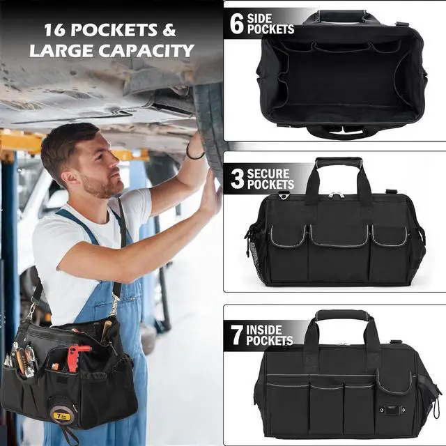 Alt view image 5 of 7 - 15 Inch Heavy Duty Tool Bag, Portable Tool Box Organizer Storage with Adjustable Shoulder Strap, Tactical Carry Tote Toolbox with Large Zipper,Black