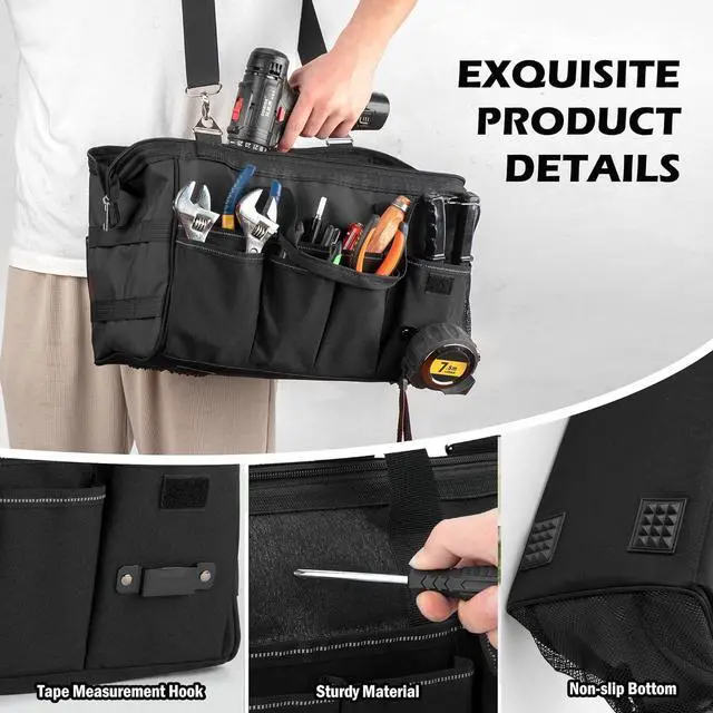 Alt view image 4 of 7 - 15 Inch Heavy Duty Tool Bag, Portable Tool Box Organizer Storage with Adjustable Shoulder Strap, Tactical Carry Tote Toolbox with Large Zipper,Black