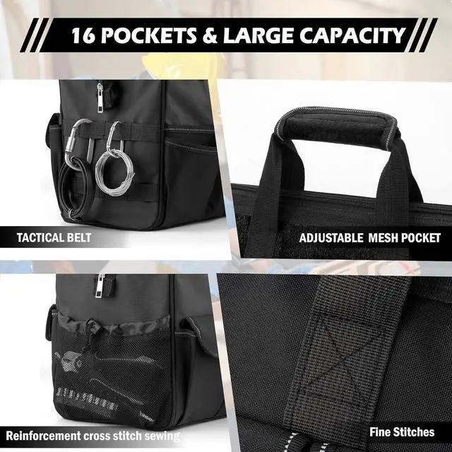 Alt view image 3 of 7 - 15 Inch Heavy Duty Tool Bag, Portable Tool Box Organizer Storage with Adjustable Shoulder Strap, Tactical Carry Tote Toolbox with Large Zipper,Black