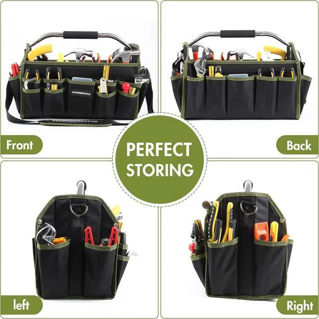 Alt view image 6 of 7 - 16 In Electrician Tool Bag, Foldable Bags For Men Heavy Duty, Open Top Tool Tote, 30 Pockets Can Hold Many fittings, Organizer Stainless Steel Handle and Removable Shoulder Strap