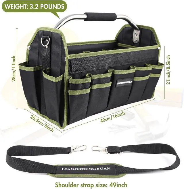 Alt view image 3 of 7 - 16 In Electrician Tool Bag, Foldable Bags For Men Heavy Duty, Open Top Tool Tote, 30 Pockets Can Hold Many fittings, Organizer Stainless Steel Handle and Removable Shoulder Strap