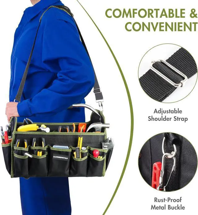 Alt view image 7 of 7 - 16 In Electrician Tool Bag, Foldable Bags For Men Heavy Duty, Open Top Tool Tote, 30 Pockets Can Hold Many fittings, Organizer Stainless Steel Handle and Removable Shoulder Strap