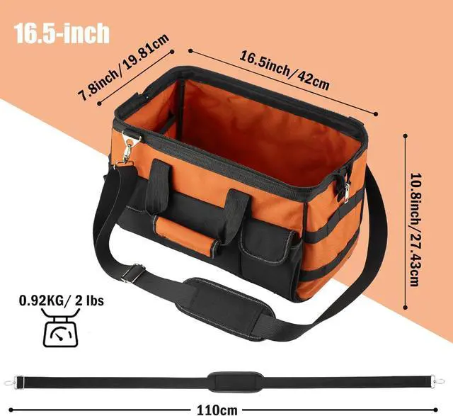 Alt view image 5 of 7 - Tool Bag, 16 Inch Foldable Open Top Tool Bag Organizer for Easy Tool Access, Water-Resistant Construction, Electrician Tool Bag with Handle & Padded Adjustable Strap, Orange