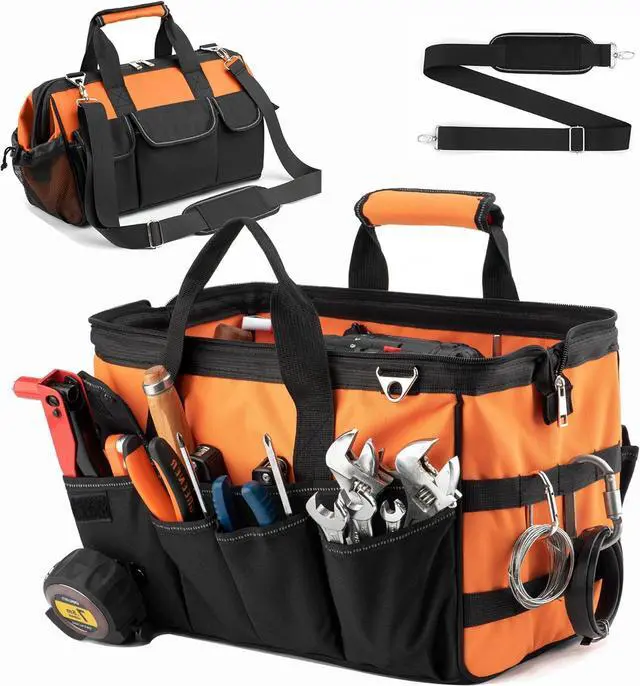 Main image of Tool Bag, 16 Inch Foldable Open Top Tool Bag Organizer for Easy Tool Access, Water-Resistant Construction, Electrician Tool Bag with Handle & Padded Adjustable Strap, Orange