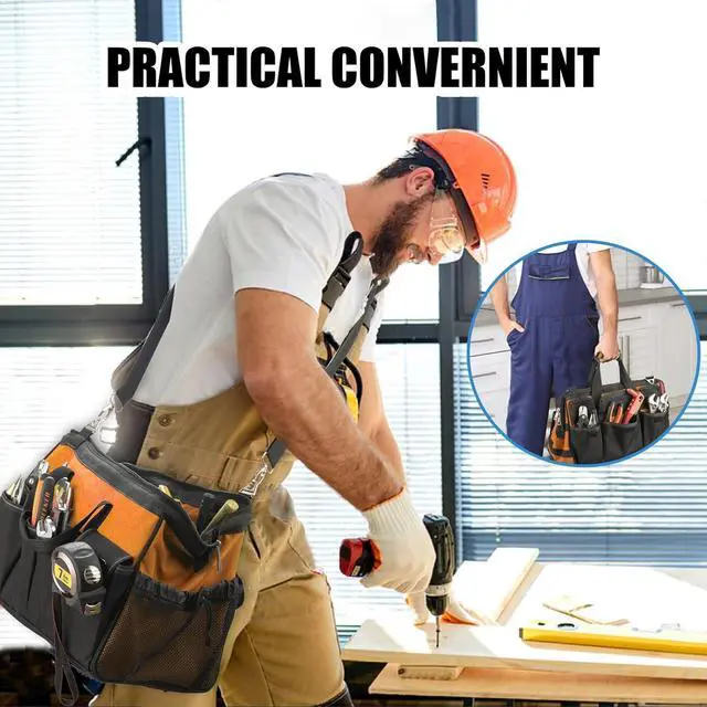 Alt view image 6 of 7 - Tool Bag, 16 Inch Foldable Open Top Tool Bag Organizer for Easy Tool Access, Water-Resistant Construction, Electrician Tool Bag with Handle & Padded Adjustable Strap, Orange