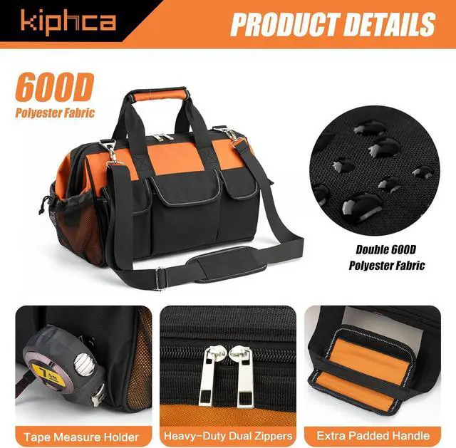 Alt view image 2 of 7 - Tool Bag, 16 Inch Foldable Open Top Tool Bag Organizer for Easy Tool Access, Water-Resistant Construction, Electrician Tool Bag with Handle & Padded Adjustable Strap, Orange