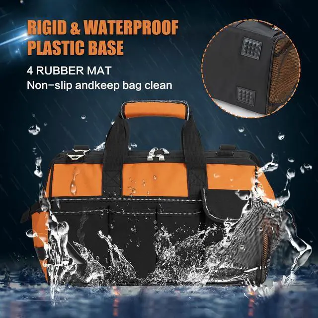 Alt view image 3 of 7 - Tool Bag, 16 Inch Foldable Open Top Tool Bag Organizer for Easy Tool Access, Water-Resistant Construction, Electrician Tool Bag with Handle & Padded Adjustable Strap, Orange