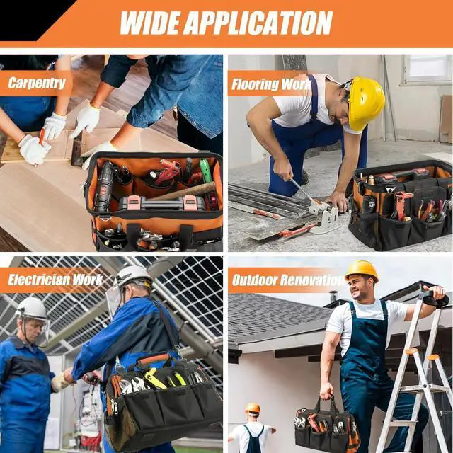 Alt view image 4 of 7 - Tool Bag, 16 Inch Foldable Open Top Tool Bag Organizer for Easy Tool Access, Water-Resistant Construction, Electrician Tool Bag with Handle & Padded Adjustable Strap, Orange