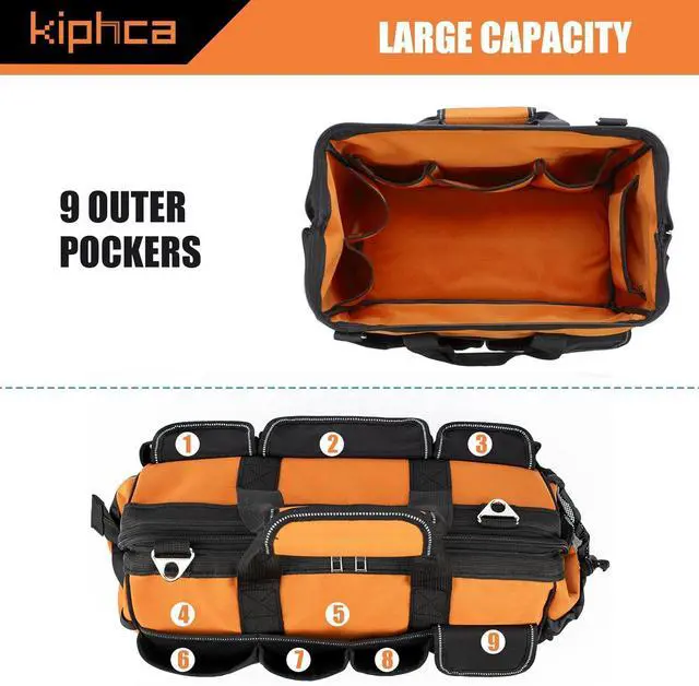 Alt view image 7 of 7 - Tool Bag, 16 Inch Foldable Open Top Tool Bag Organizer for Easy Tool Access, Water-Resistant Construction, Electrician Tool Bag with Handle & Padded Adjustable Strap, Orange