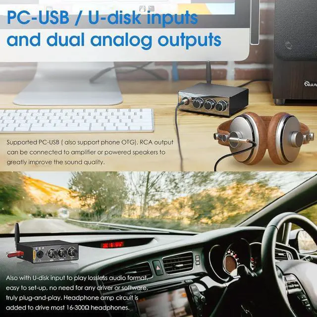 Alt view image 6 of 7 - Q4 USB Audio Gaming DAC Converter Adapter Mini Bluetooth Headphone Amp Amplifier for PC, PS5, Computer with Optical Input 24-Bit 192 KHz & Treble Bass Control & Remote