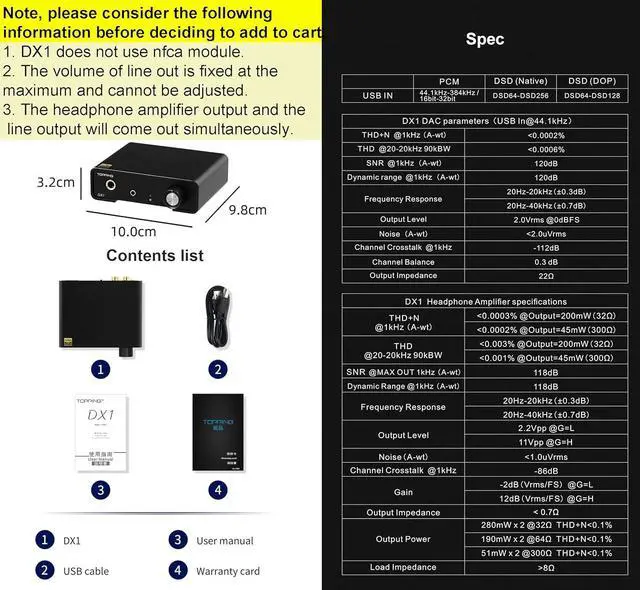Alt view image 3 of 7 - Topping DX1 Mini Stereo DAC Headphone Amplifier Combo - 280mW x2 Powerful Output Two-Stage GAIN Switch USB Chargable Discrete LNRD AK4493S XU208 384kHz/32bit Native DSD256 HiFi Home Audio (Black)