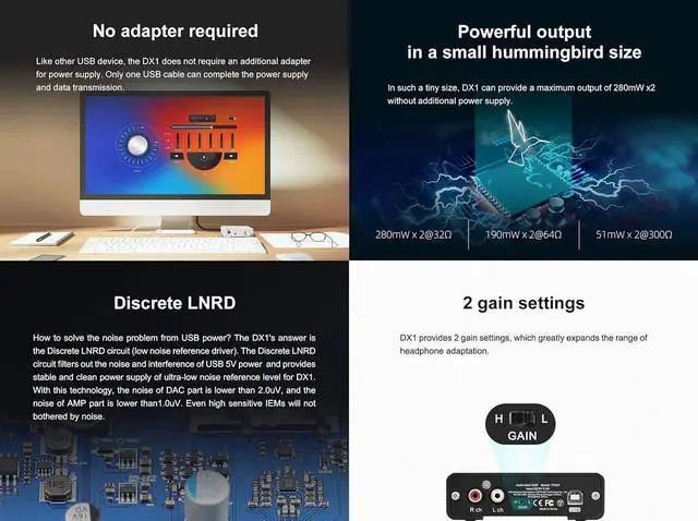 Alt view image 5 of 7 - Topping DX1 Mini Stereo DAC Headphone Amplifier Combo - 280mW x2 Powerful Output Two-Stage GAIN Switch USB Chargable Discrete LNRD AK4493S XU208 384kHz/32bit Native DSD256 HiFi Home Audio (Black)
