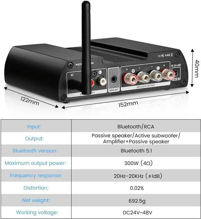 Alt view image 2 of 6 - A08 PRO TPA3255 Power Amplifier Bluetooth 5.1 with VU Meter 300W+300W HiFi Class D Stereo Digital Audio Amp 2.0 Channel Amplifier for Passive Speaker Home Audio