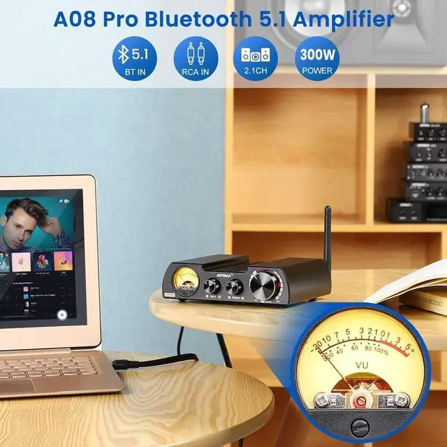 Alt view image 5 of 6 - A08 PRO TPA3255 Power Amplifier Bluetooth 5.1 with VU Meter 300W+300W HiFi Class D Stereo Digital Audio Amp 2.0 Channel Amplifier for Passive Speaker Home Audio