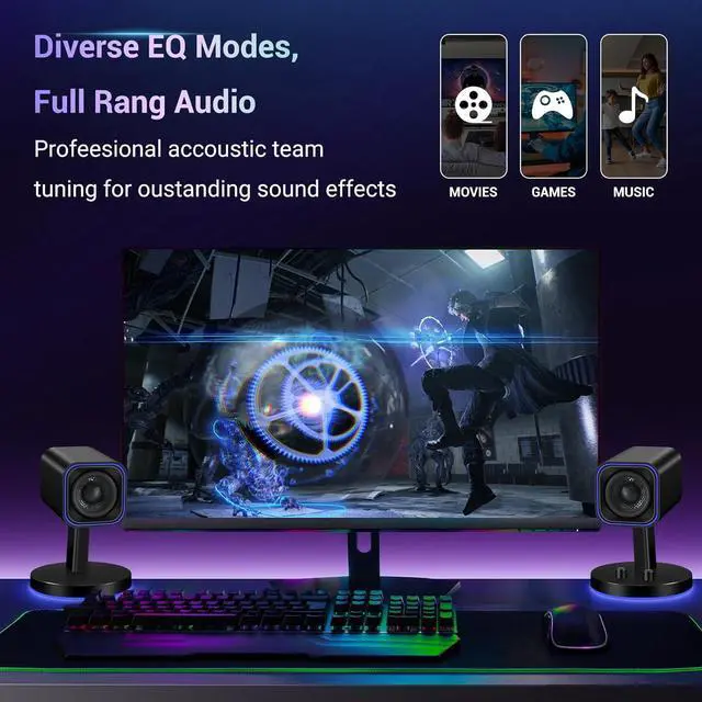 Alt view image 5 of 7 - SW202 2.25 Computer Gaming PC Speakers - 24W Fiberglass Speaker Unit - Built-in 16bit DAC Dynamic 3D Surround Sound - Bluetooth 5.2 USB Aux Inputs - RGB Backlit (Pair, Black)