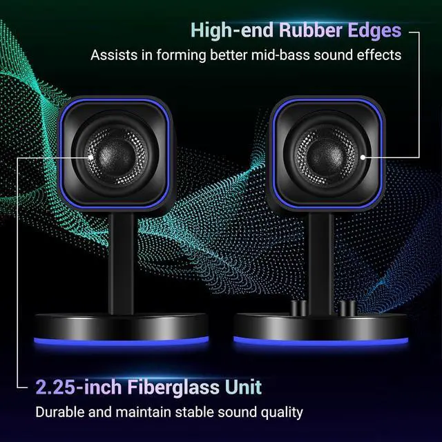 Alt view image 2 of 7 - SW202 2.25 Computer Gaming PC Speakers - 24W Fiberglass Speaker Unit - Built-in 16bit DAC Dynamic 3D Surround Sound - Bluetooth 5.2 USB Aux Inputs - RGB Backlit (Pair, Black)