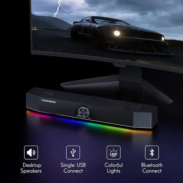 Alt view image 2 of 7 - Computer Speakers, Bluetooth Computer SoundBar, Dynamic RGB PC Speakers with 10W Stereo Sound, 3.5mm Aux-in Connection, USB Powered Speaker for PC, Desktop Monitor, Laptop, Tablets