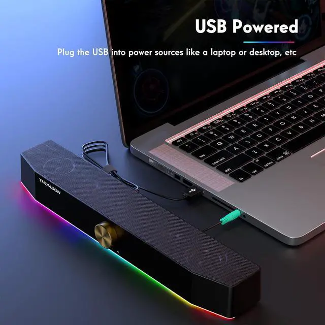 Alt view image 6 of 7 - Computer Speakers, Bluetooth Computer SoundBar, Dynamic RGB PC Speakers with 10W Stereo Sound, 3.5mm Aux-in Connection, USB Powered Speaker for PC, Desktop Monitor, Laptop, Tablets