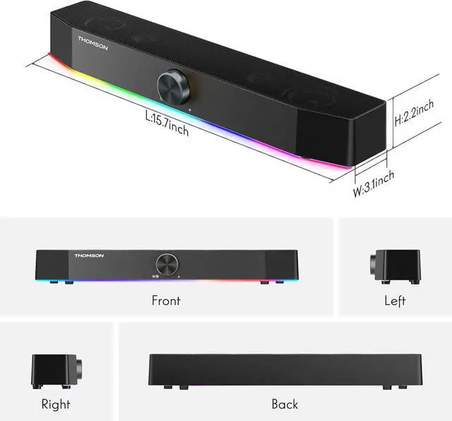 Alt view image 7 of 7 - Computer Speakers, Bluetooth Computer SoundBar, Dynamic RGB PC Speakers with 10W Stereo Sound, 3.5mm Aux-in Connection, USB Powered Speaker for PC, Desktop Monitor, Laptop, Tablets