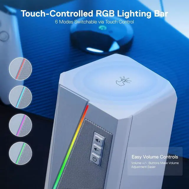 Alt view image 4 of 7 - GS520 RGB Desktop Speakers, 2.0 Channel PC Computer Stereo Speaker with 6 Colorful LED Modes, Enhanced Sound and Easy-Access Volume Control, USB Powered w/ 3.5mm Cable, White