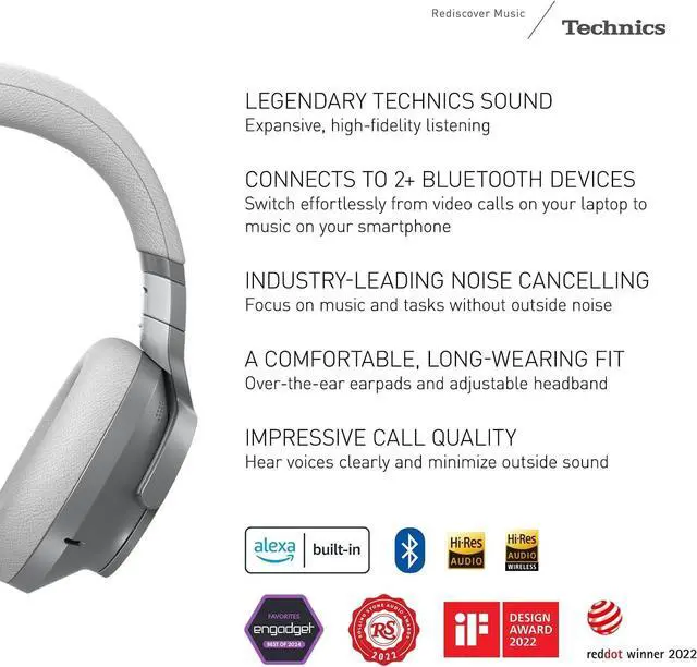 Alt view image 2 of 7 - Technics Wireless Noise Cancelling Headphones, 50 Hours Battery Life, High-Fidelity Bluetooth Headphones with Multi-Point Connectivity, Impressive Call Quality, and Comfort Fit - Silver