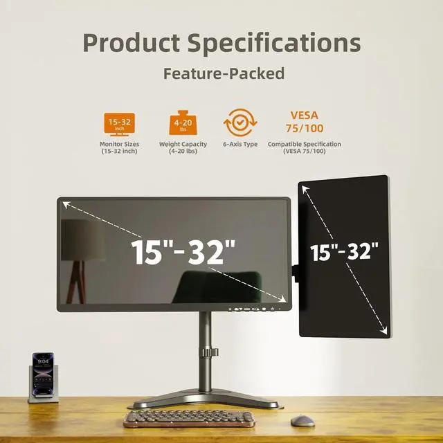 Alt view image 5 of 7 - Dual Monitor Mount, Ergonomic Adjustable Monitor Arm for Max 32 inch Screens, Adjustable Computer Monitor Stand up to 40 lbs, VESA Mounting Holes 75&100mm, Black