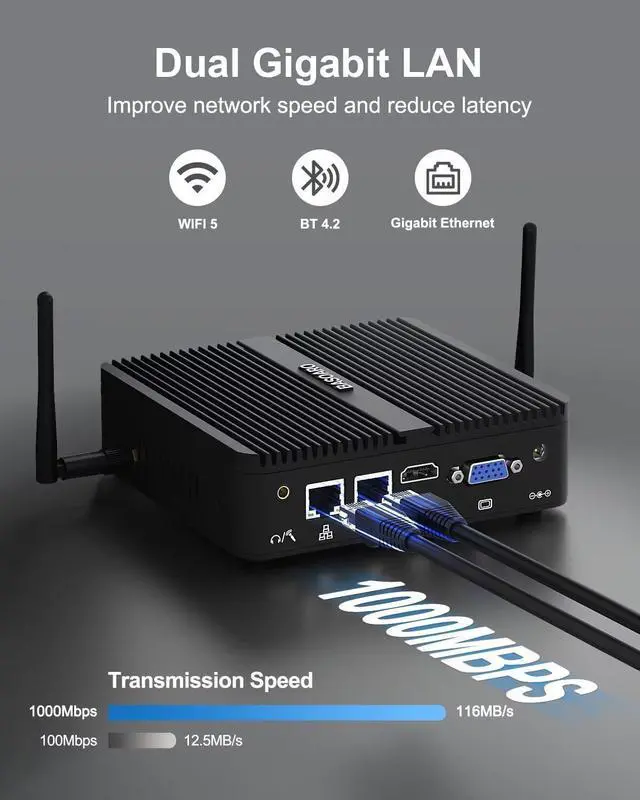 Alt view image 5 of 7 - Industrial PC, Fanless Mini PC, Celeron J4125, 16GB RAM 1TB SSD, Gigabit Ethernet, HD VGA Dual Display, 2 RS232 COM Port, Dual Band WiFi, BT, Mini PC