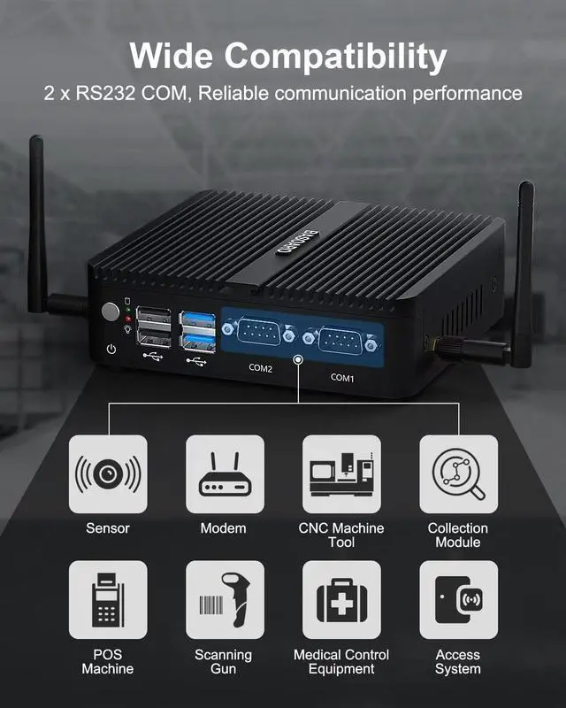 Alt view image 7 of 7 - Industrial PC, Fanless Mini PC, Celeron J4125, 8GB RAM 512GB SSD, Gigabit Ethernet, HD VGA Dual Display, 2 RS232 COM Port, Dual Band WiFi, BT, Mini PC