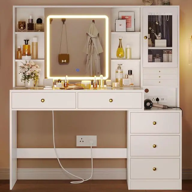 Main image of Makeup Vanity with Lights & Sliding Mirror, Vanity Desk with Jewelry Organizer, Glass Cabinet & 5 Drawers, Dressing Table, Modern White