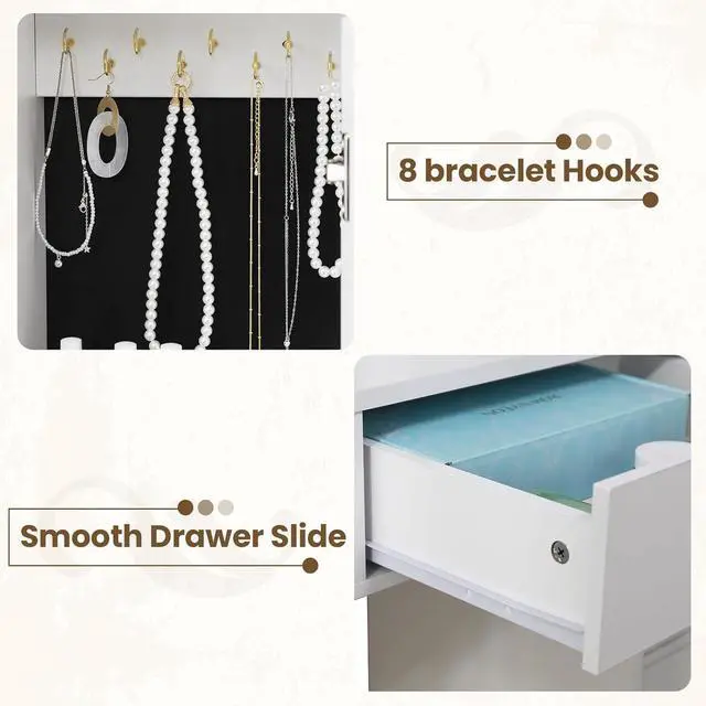 Alt view image 6 of 7 - Makeup Vanity with Lights & Sliding Mirror, Vanity Desk with Jewelry Organizer, Glass Cabinet & 5 Drawers, Dressing Table, Modern White