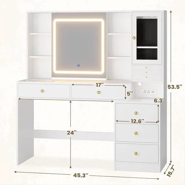 Alt view image 7 of 7 - Makeup Vanity with Lights & Sliding Mirror, Vanity Desk with Jewelry Organizer, Glass Cabinet & 5 Drawers, Dressing Table, Modern White