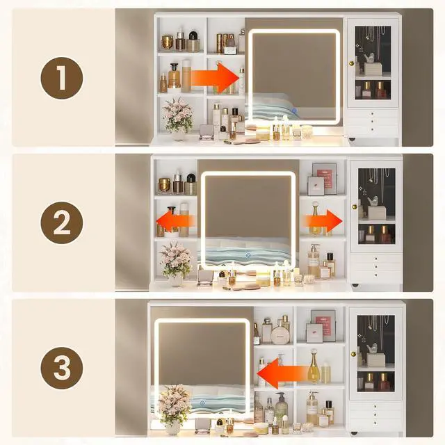 Alt view image 3 of 7 - Makeup Vanity with Lights & Sliding Mirror, Vanity Desk with Jewelry Organizer, Glass Cabinet & 5 Drawers, Dressing Table, Modern White