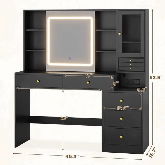 Alt view image 6 of 7 - Makeup Vanity Desk with Lighted Sliding Mirror & Jewelry Organizer, Makeup Dressing Table with 5 Drawers, Modern Black