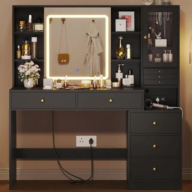 Main image of Makeup Vanity Desk with Lighted Sliding Mirror & Jewelry Organizer, Makeup Dressing Table with 5 Drawers, Modern Black